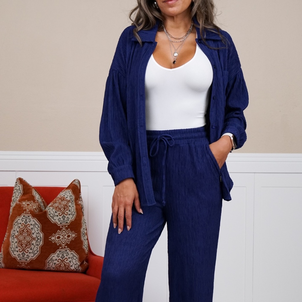 Amanda Crinkled Plisse Button Down Shirt Loungewear Set - Blue Ink